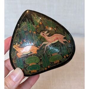 Vintage Kashmir Trinket Box Animals Floral Hand Made Paper Mache Made in India